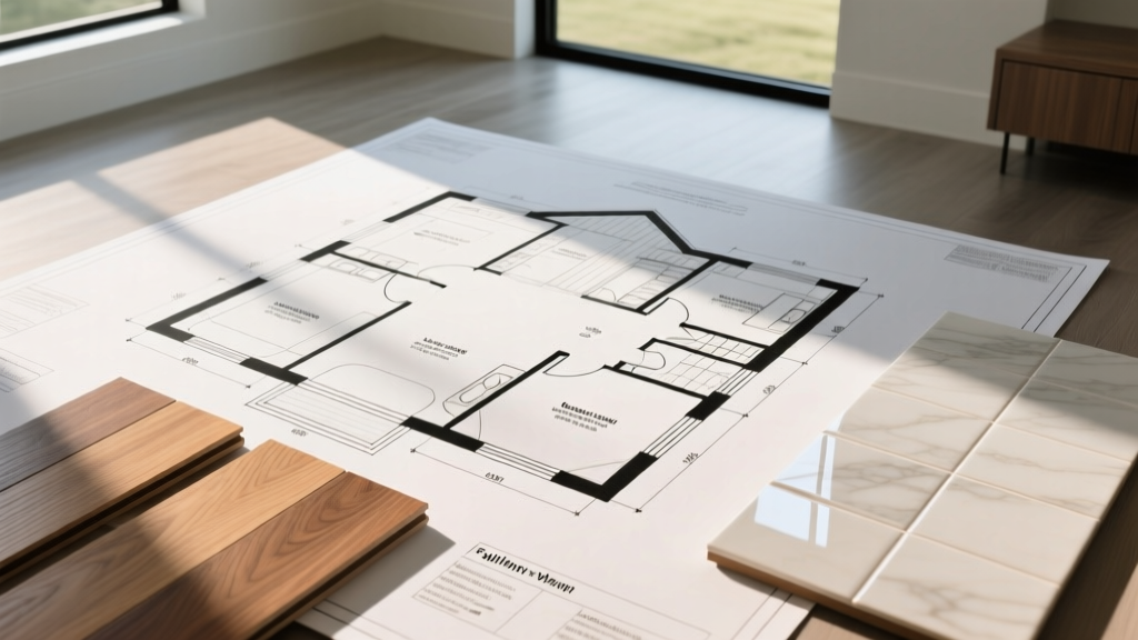 Architectural blueprint of an open-concept ranch floor plan overlaid with material swatches of luxury vinyl plank and porcelain tile