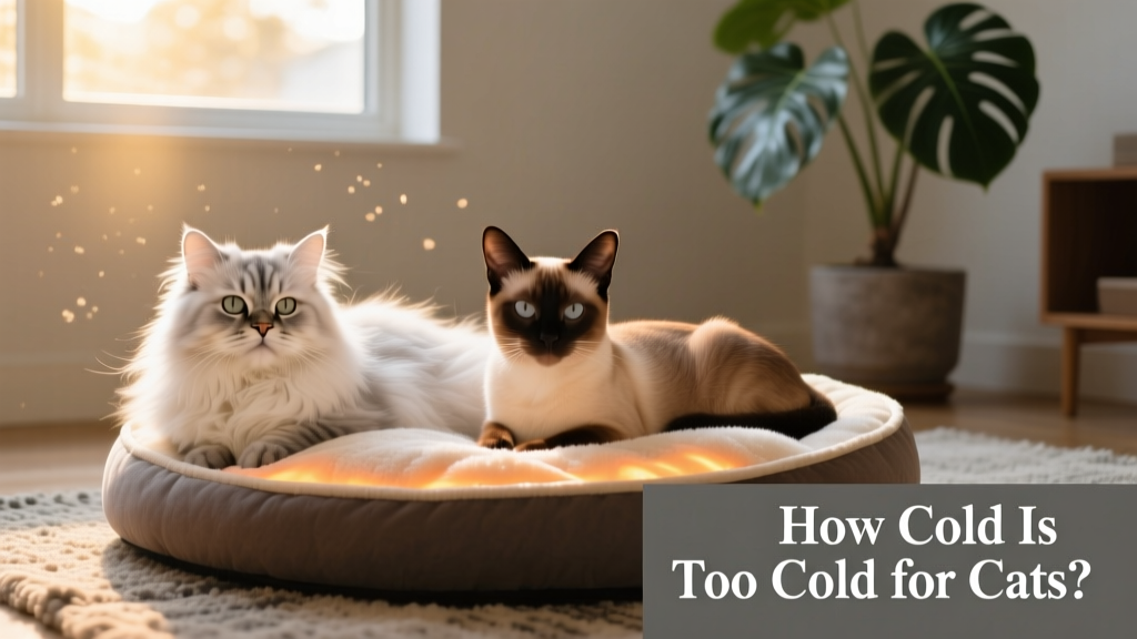 Two cats—one long-haired, one short-haired—resting side by side on a heated pet bed indoors, both relaxed and alert