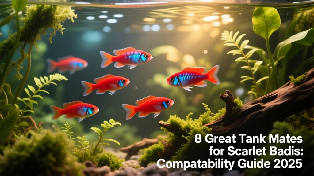 A group of Scarlet badis swimming among lush aquatic plants in a softly lit nano aquarium