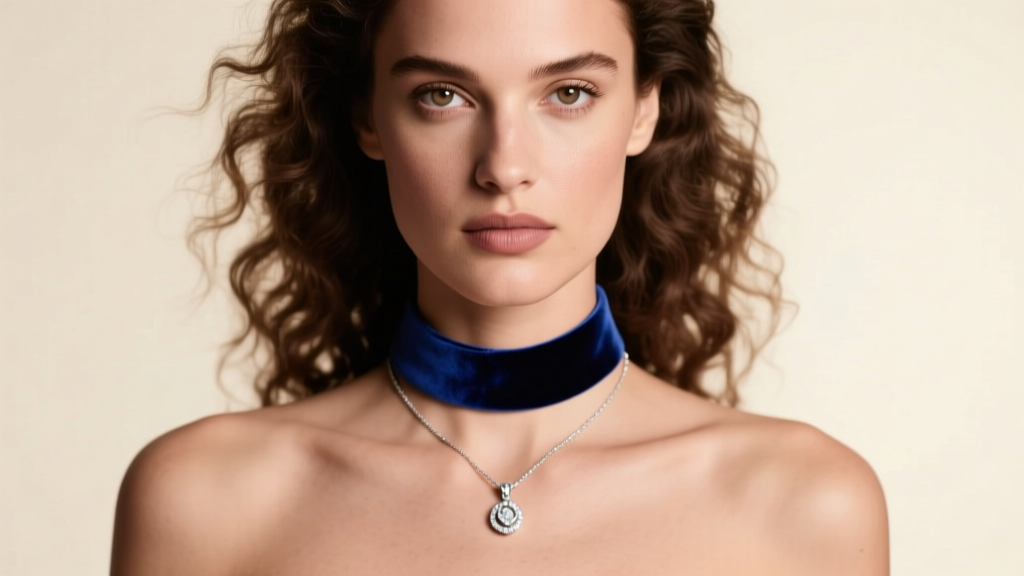 Elegant model wearing a navy blue velvet choker necklace with a small silver pendant, soft studio lighting, neutral background.