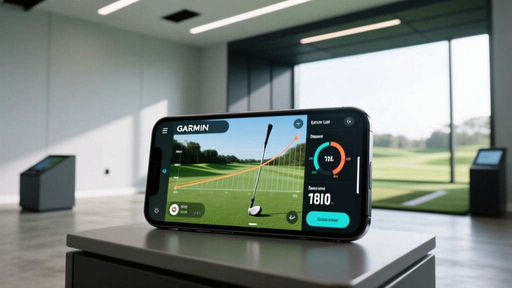 Smartphone displaying the Garmin Golf app showing detailed club path and spin rate metrics after an indoor driver strike on a simulator