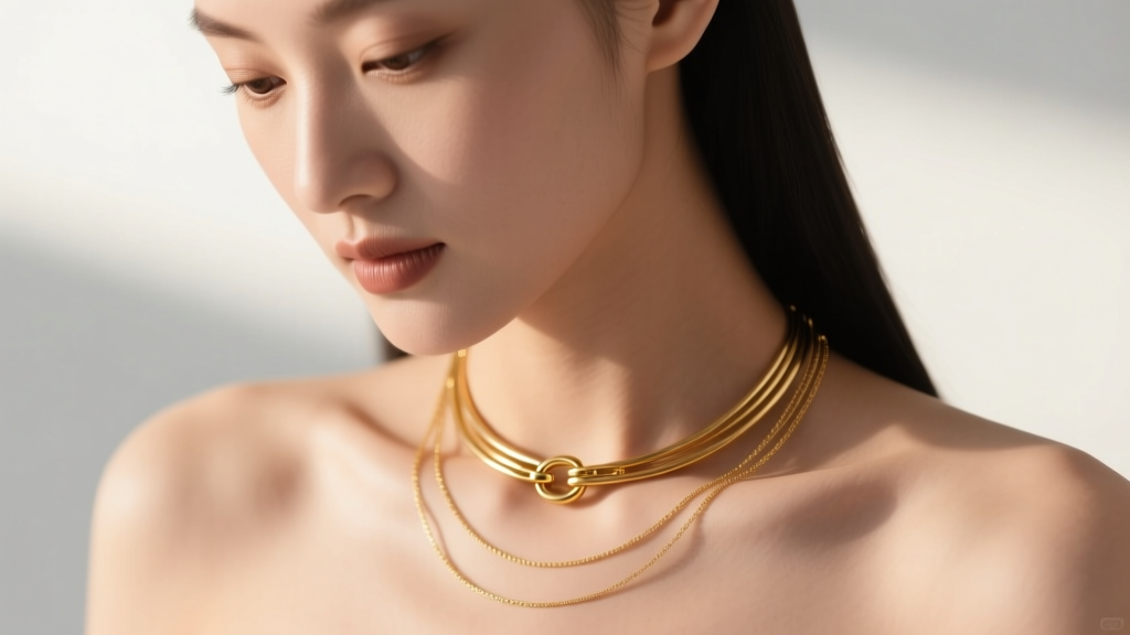 Close-up of a woman wearing necklace layers, looking down as the gold clasp slips to the front of her collarbone in soft light.