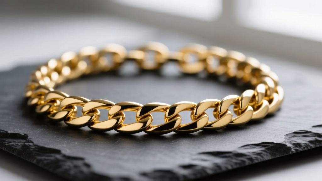 Macro shot of a solid 14k yellow gold Cuban link chain necklace on dark slate, showing interlocking flat-filed links in soft light