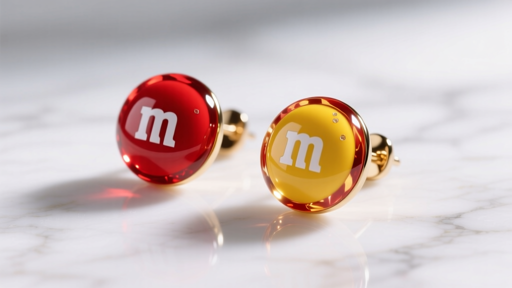 Close-up of glossy resin-encapsulated red and yellow M&M earrings resting on white marble under soft natural lighting.