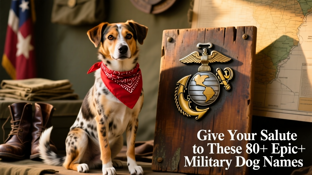 A spirited mixed-breed dog wearing a red bandana and sitting proudly beside vintage Marine Corps insignia