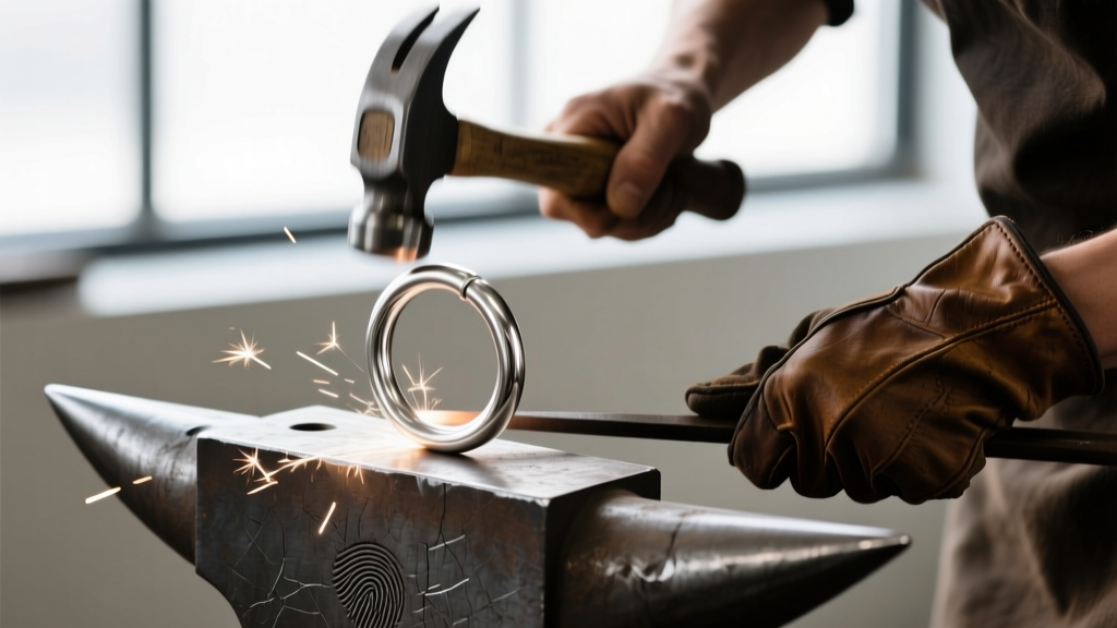 Artisan hand-hammering a sterling silver hoop with a ball-peen hammer on a steel block, highlighting the jewelry crafting process