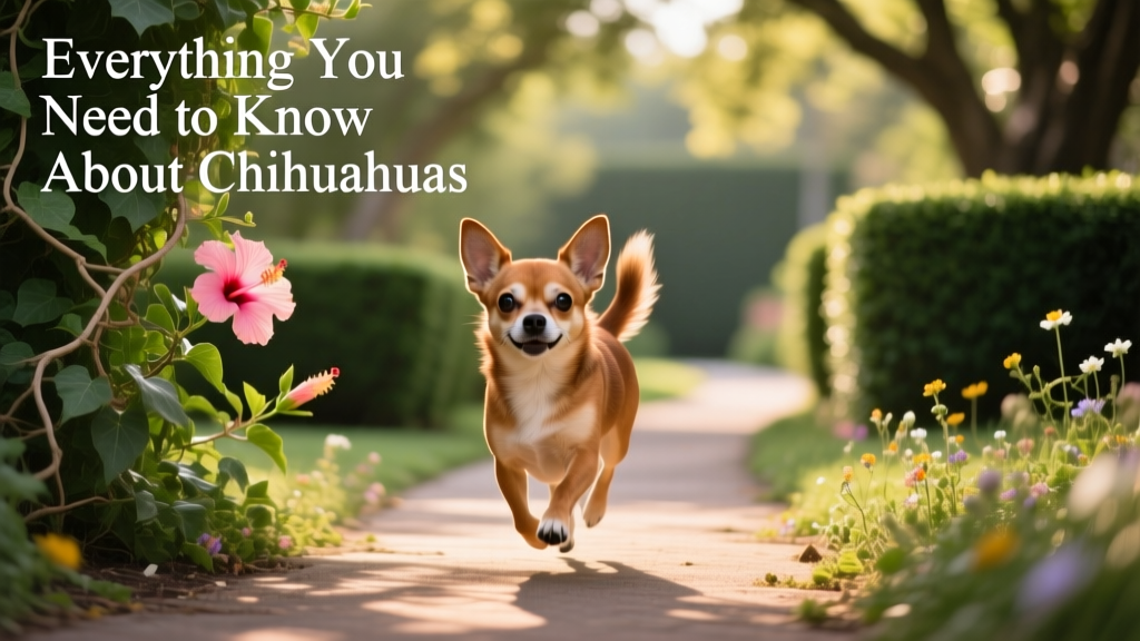 A brown-and-tan Chihuahua trotting confidently along a sun-dappled garden path lined with greenery