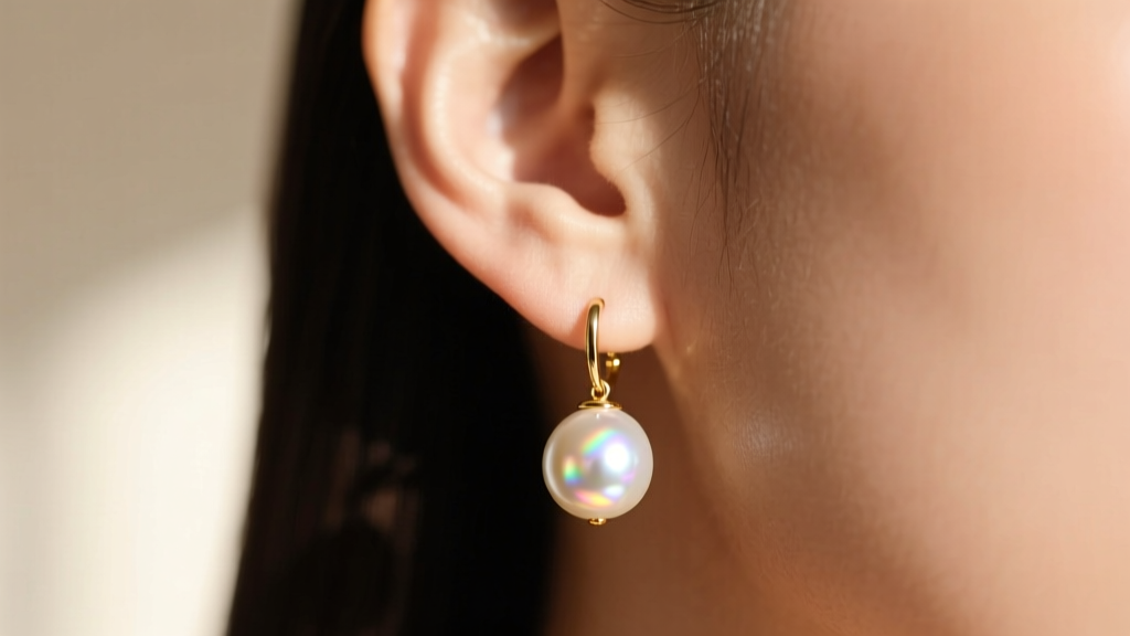 Earlobe wearing a 14mm drop pearl on a gold leverback, showing bright, high-luster window reflections across its smooth nacre