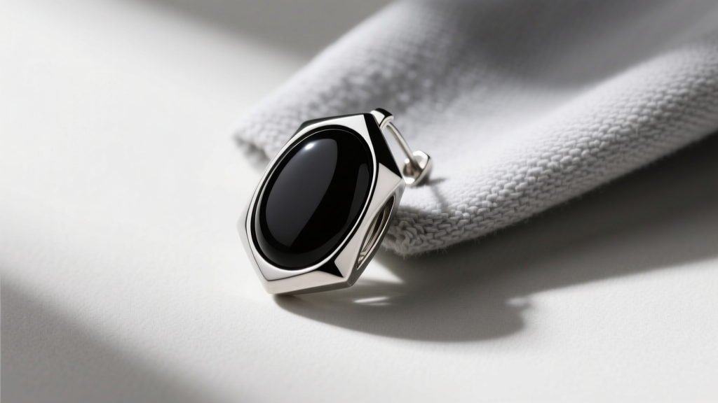 Overhead view of a black onyx inlay 80s mens hoop earring being gently wiped with a microfiber cloth, avoiding an ultrasonic bath.