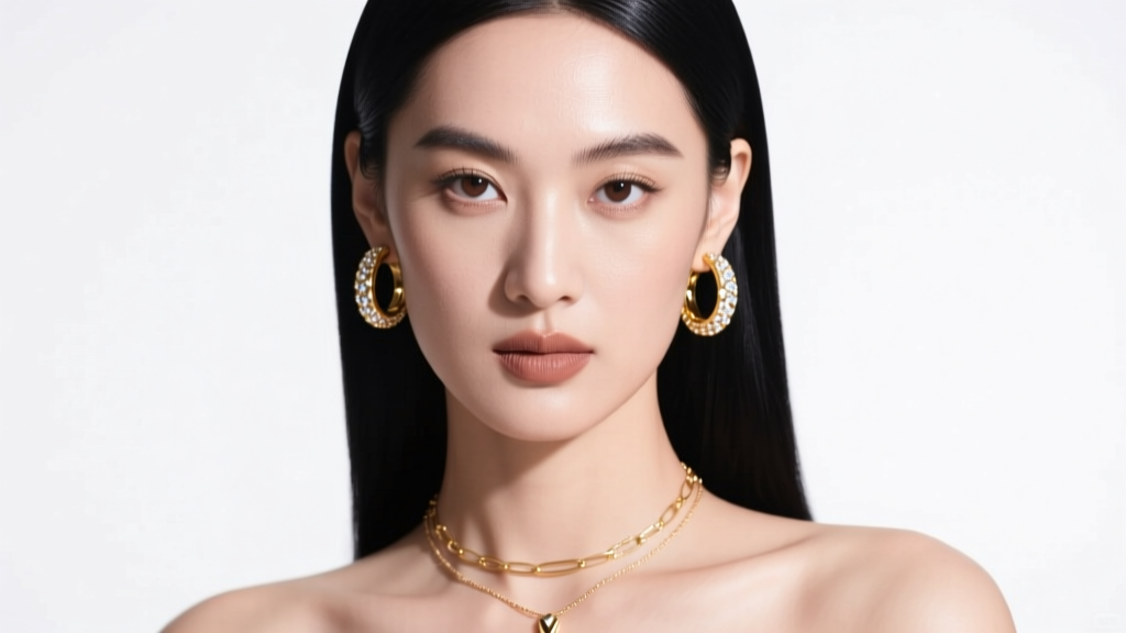 Profile of a woman with slicked hair wearing 14k gold huggie hoops and thin layered necklace under bright, clean studio lighting.