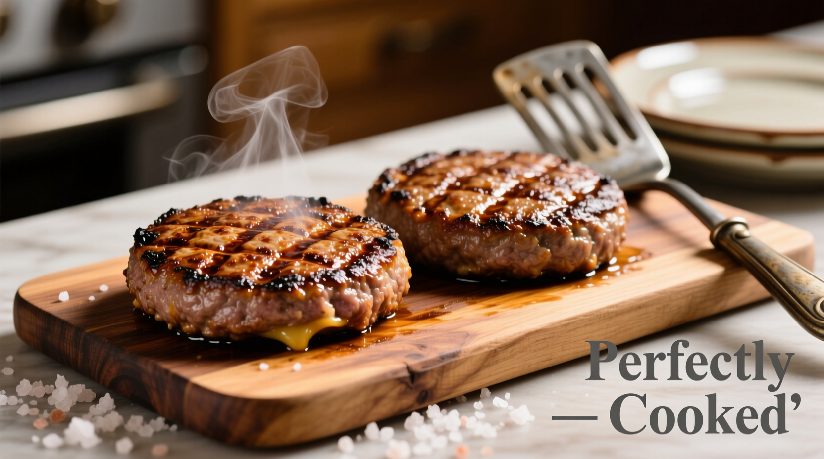 Perfectly cooked hamburger patties with golden crust