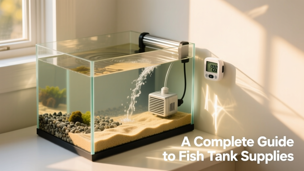 A neatly arranged aquarium setup showing heater, filter, thermometer, and substrate layers with gentle water flow