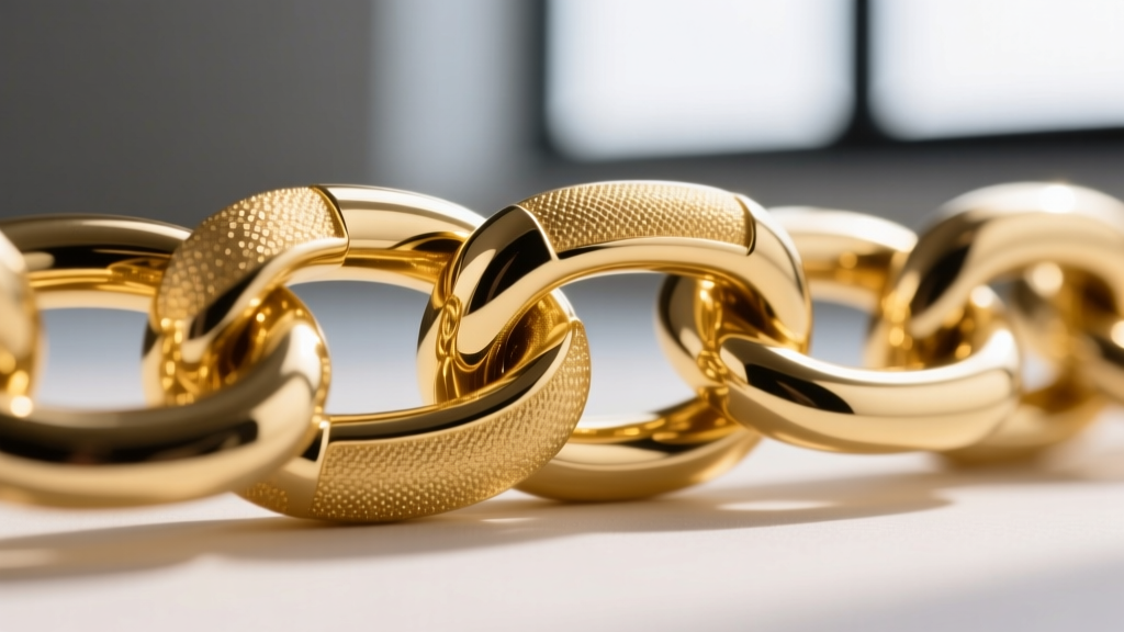 Extreme macro of 18k gold vermeil chain link surface, revealing 3-micron plating thickness and selective sandblasted matte finish.