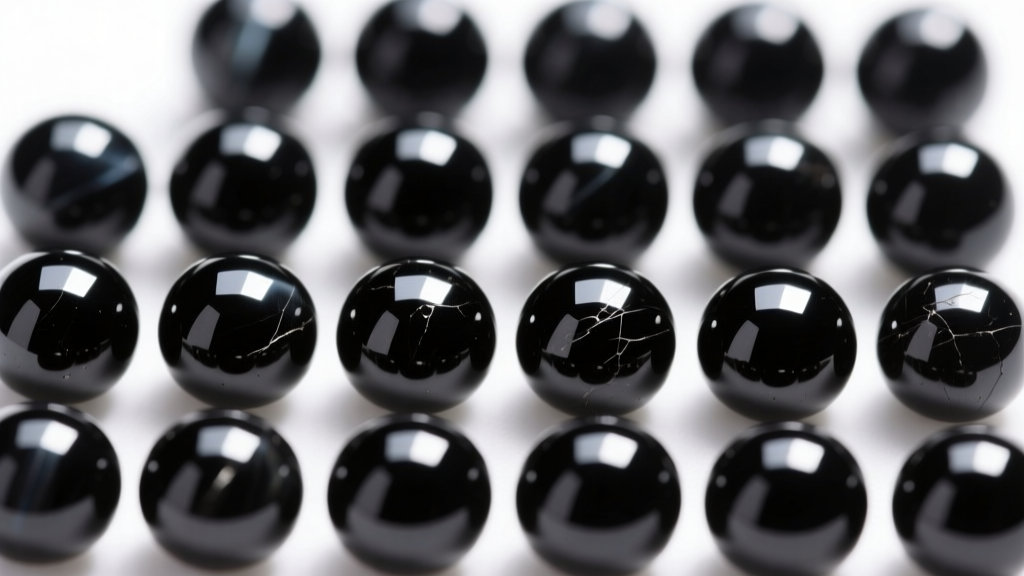 Macro close-up of highly polished 8mm black onyx beads showing a glassy luster and uniform dark color without visible dye spots.