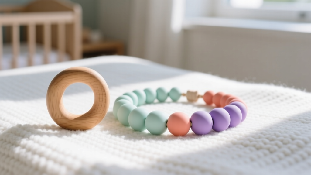 Safe baby teething alternatives including a beech wood ring and a silicone bead necklace resting on a soft white knit blanket.
