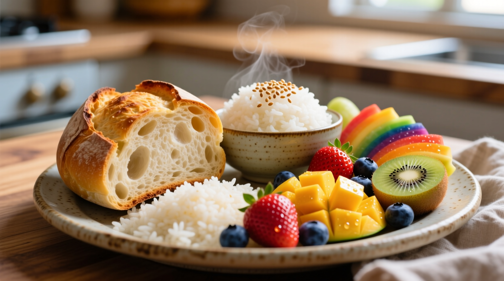 Colorful plate of high carb foods including bread, rice, and fruit