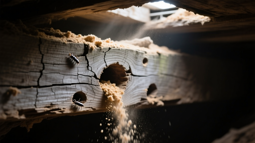 Extreme close-up of fine powdery frass spilling from tiny exit holes in a weathered oak structural beam inside a dimly lit crawlspace