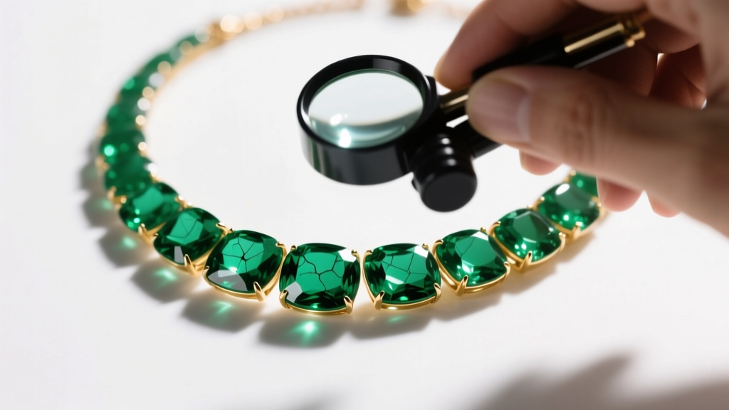 Jeweler examining an oiled emerald gemstones necklace under a loupe, revealing surface fractures and oil residue in bright light
