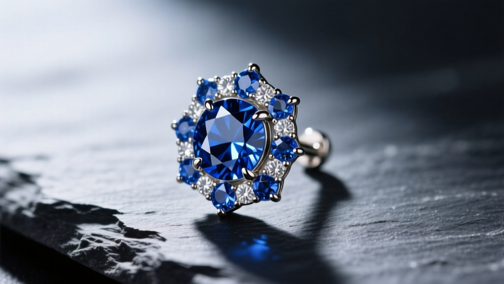 Macro shot of a blue sapphire and diamond cluster earring on dark slate, highlighting shared prongs and brilliant light reflection.