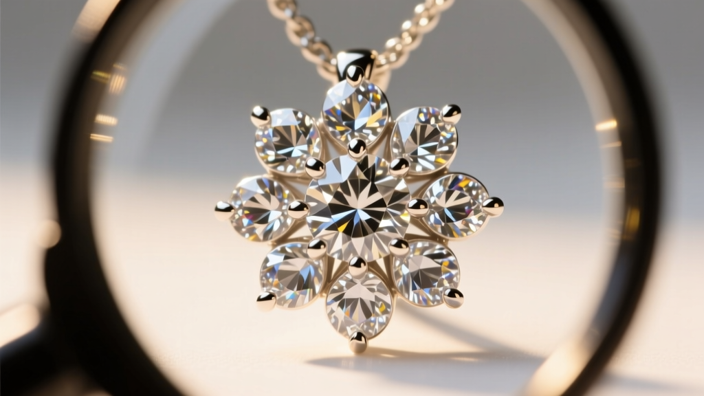 Loupe view of shared prong settings securing melee diamonds forming the petals of a floral diamond pendant under bright studio light.