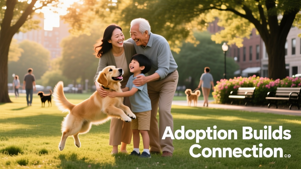 A joyful family smiling with their newly adopted dog in a sunlit park