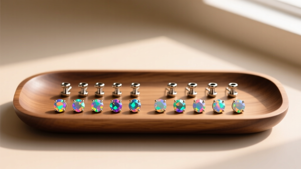 Wooden tray holding 16-gauge titanium threadless earring ends with opals and faceted gems arranged in two straight rows.