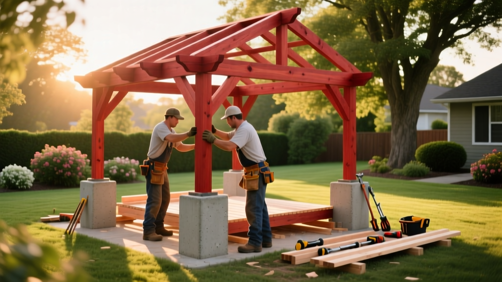 Carpenters assembling a red cedar gazebo frame on concrete pier foundations in a lush suburban backyard during golden hour.