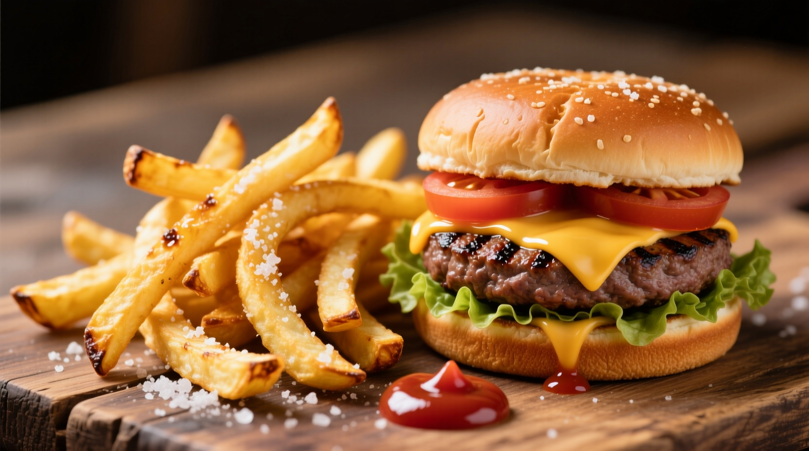 Crispy golden french fries next to a juicy hamburger