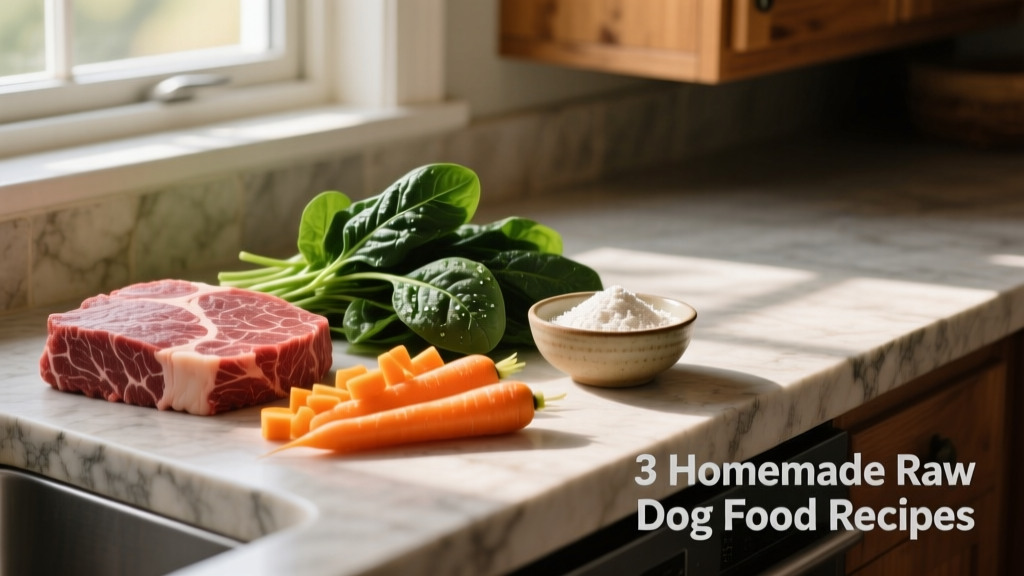 A clean kitchen counter with fresh raw ingredients: ground beef, chopped carrots, spinach, and a small bowl of ground eggshell