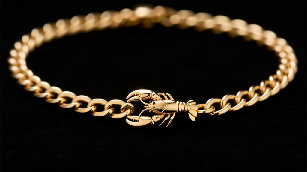 Macro shot of a 5mm lobster clasp and extender chain on a 16-inch gold necklace, sharp focus on metal links, dark background