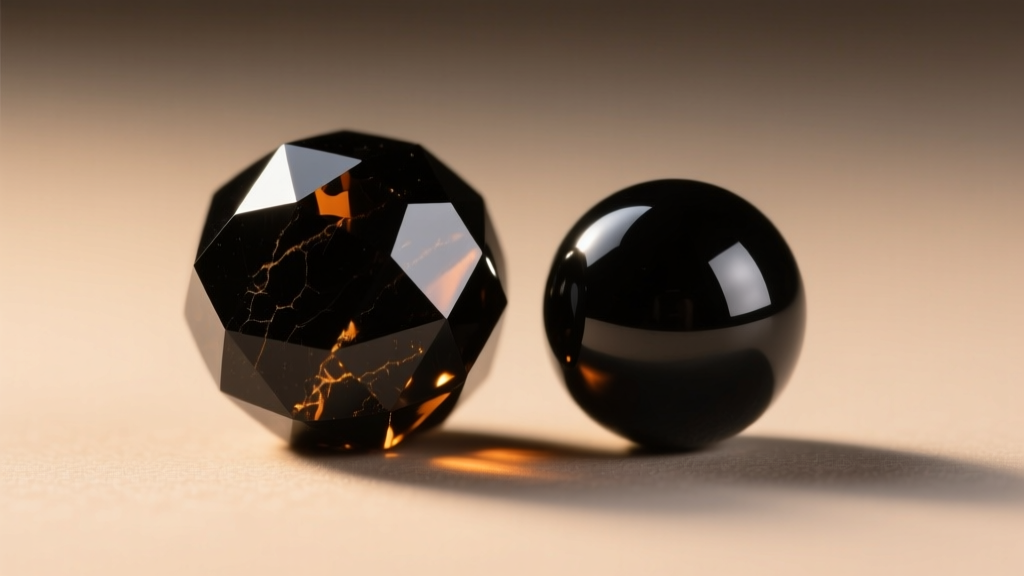 Macro photography comparing a faceted black onyx bead and a smooth French jet glass bead under warm directional lighting