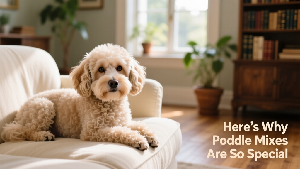 Close-up of a groomed Maltipoo resting peacefully on a cozy sofa, showcasing its soft, wavy coat and expressive eyes