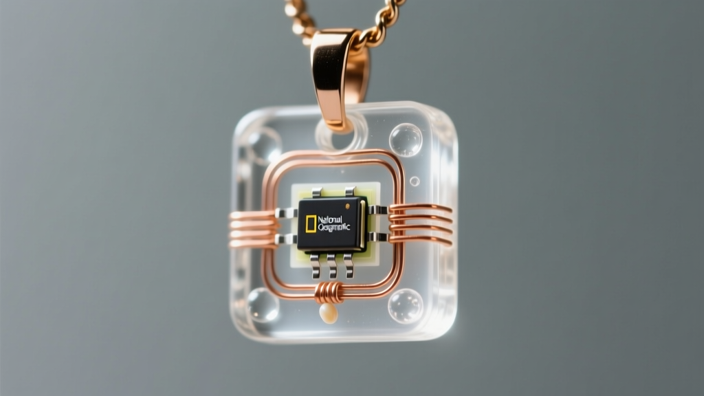 Macro photography of a micro-SMD LED embedded in clear epoxy resin pendant, showing copper wiring and a tiny battery pack