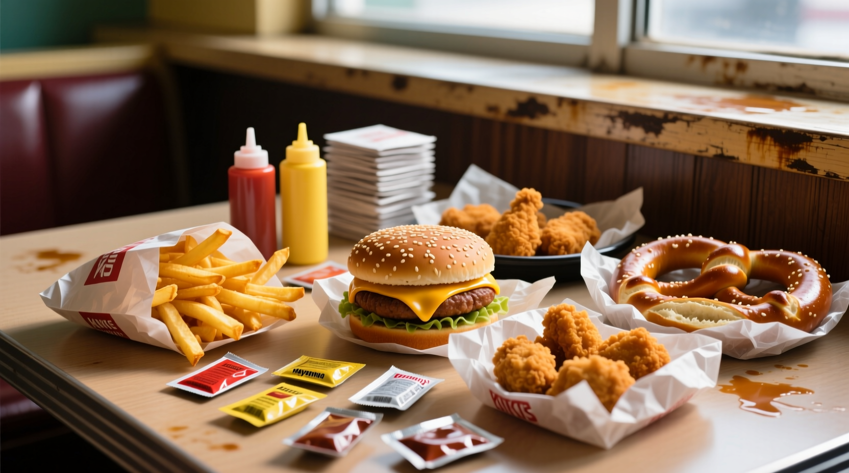 Various fast food items on paper wrappers with condiment packets