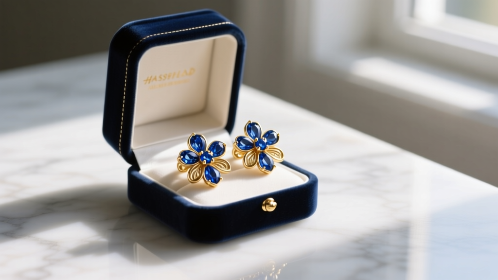 Open velvet box on marble revealing 18k gold blue floral earrings with sapphire petals, illuminated by soft morning window light