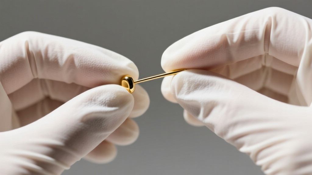 Macro shot of hands in nitrile gloves bending the gold pin of a push in earring at a slight five-degree angle to create tension.