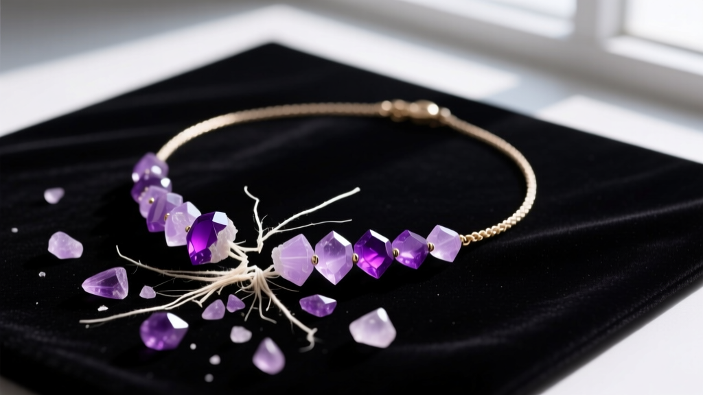 Close-up of a broken amethyst chip necklace on a dark velvet mat, showing frayed nylon thread and scattered purple quartz chips