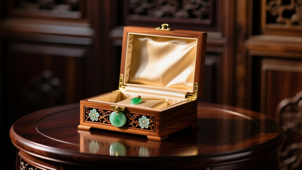 Elegant silk-lined wooden jade jewelry box resting on a dark mahogany table, softly illuminated by warm, ambient room lighting.