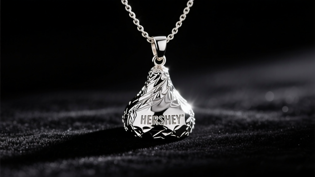 Sterling silver Hershey Kisses necklace pendant on dark velvet, showing textured foil wrapper details under warm studio lighting.