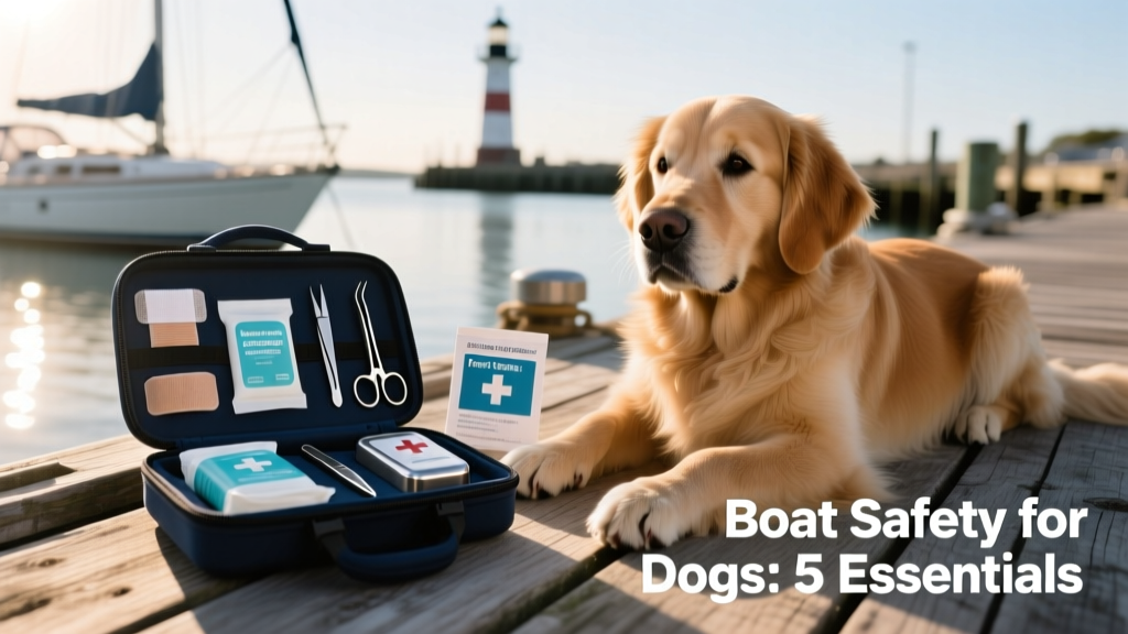 Well-organized marine-style pet safety kit with bandages, antiseptic wipes, and tweezers