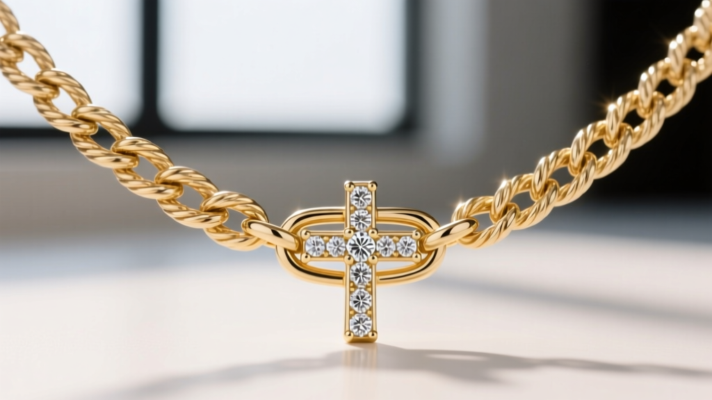 Macro shot of an 18-inch 14k white gold rope chain threading through a diamond cross bail, showing intricate twisted metal links.