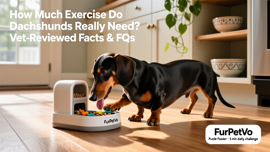Dachshund using a FurPetVo puzzle feeder on a kitchen floor, focused and engaged
