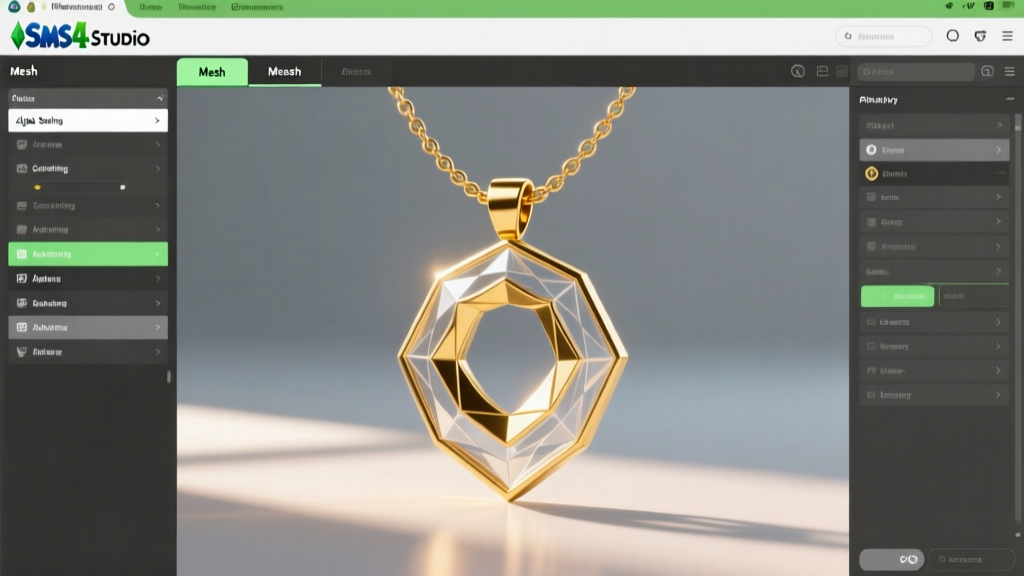 Sims 4 Studio interface showing the mesh tab with alpha sorting layers highlighted for a gold pendant necklace custom content.