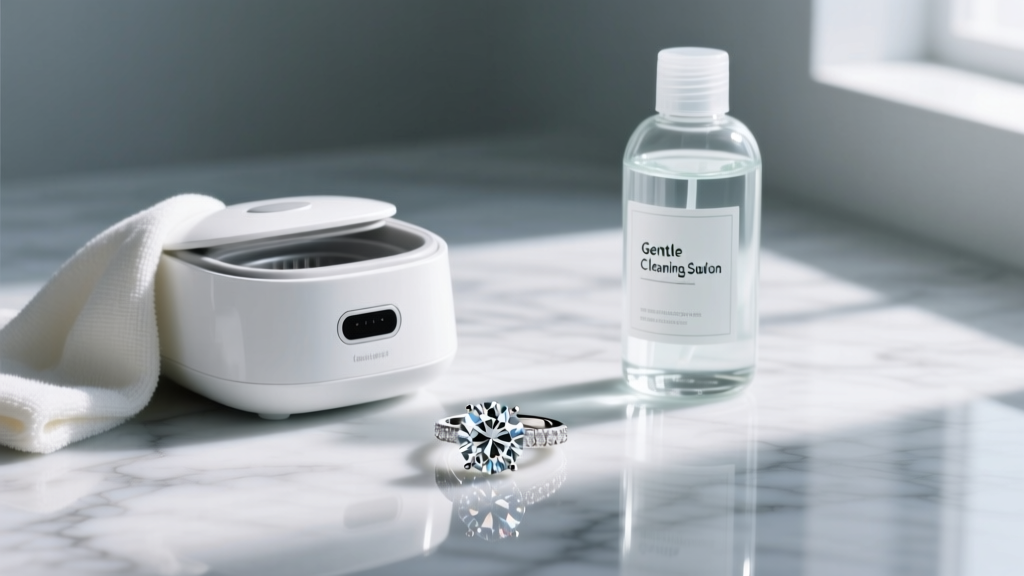 Diamond ring next to a white ultrasonic cleaner, microfiber cloth, and a glass bottle of gentle cleaning liquid on marble