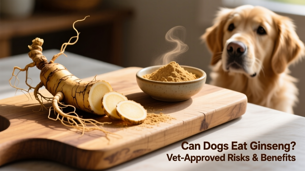 Fresh ginseng root sliced on a wooden cutting board beside a small bowl of ginseng powder