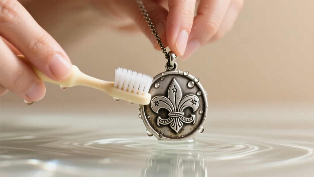 Hands using an extra-soft baby toothbrush to gently clean the recessed grooves of a vintage silver scout necklace badge under water.