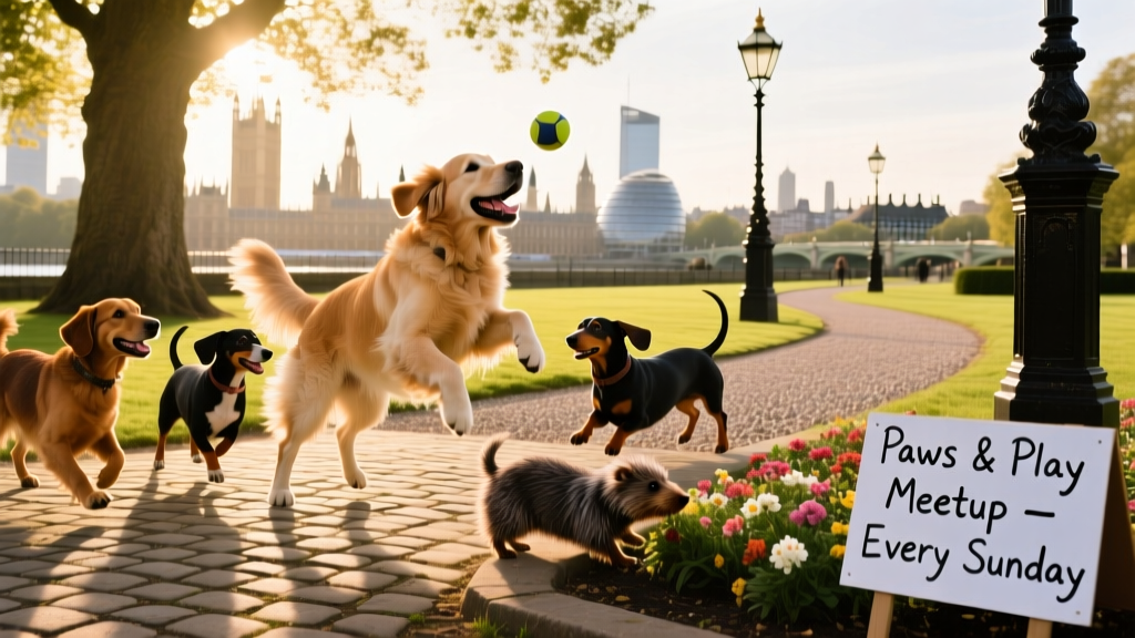 A joyful group of dogs playing together in a sunlit London park