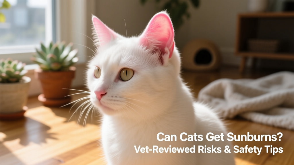 Close-up of a white cat’s pink ear tip showing mild redness from sun exposure