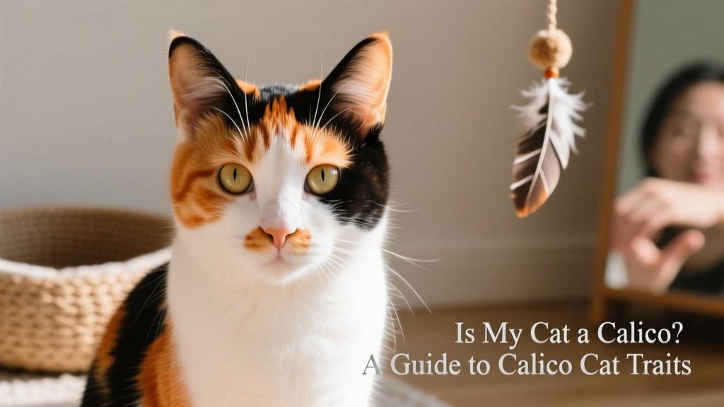 A close-up of a calico cat’s face showing distinct patches of orange, black, and white fur