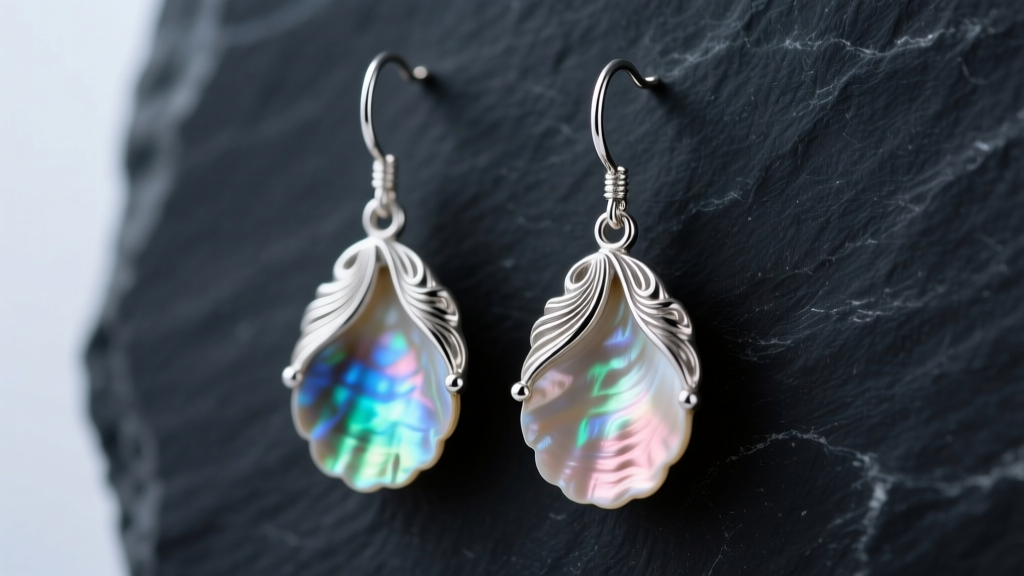 Macro shot of 925 sterling silver drop earrings with carved mother of pearl shells on dark slate, highlighting iridescent nacre.
